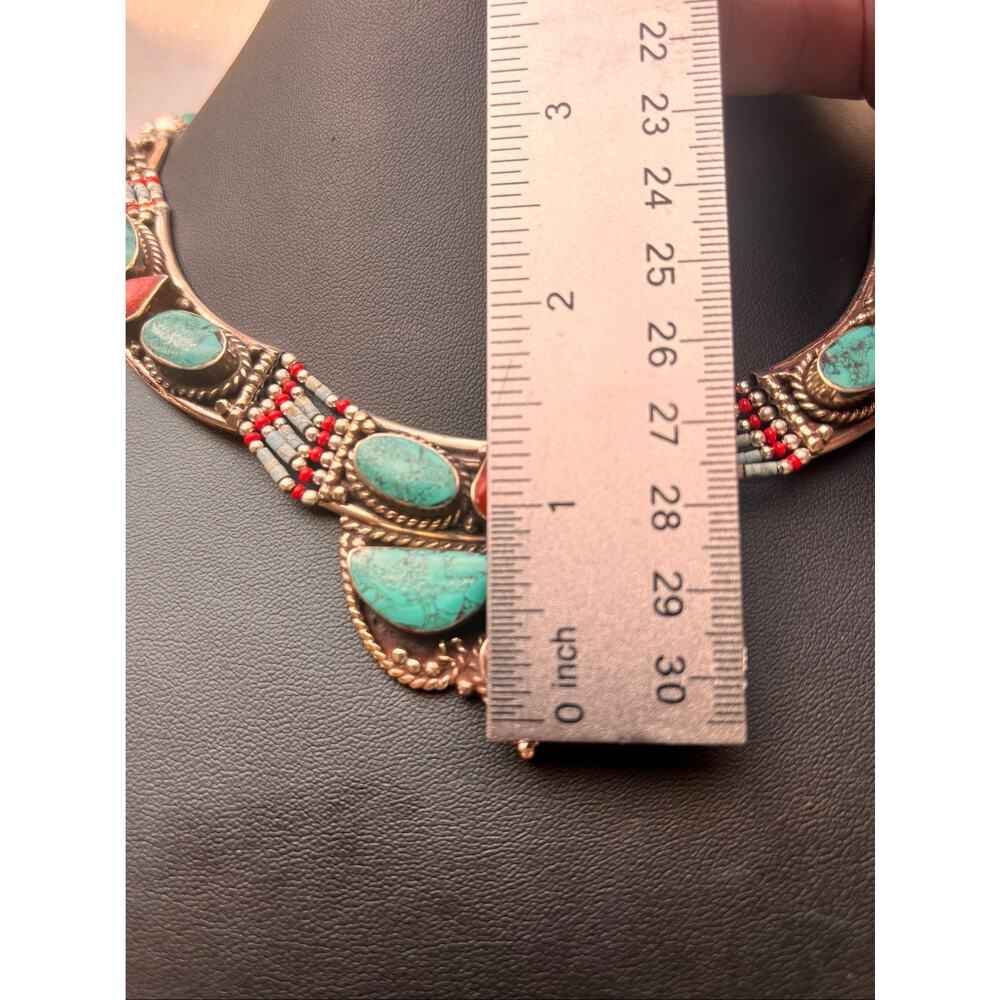 925 Sterling Tibetan Turquoise & Red Coral Necklace 19" - Picture 3 of 11